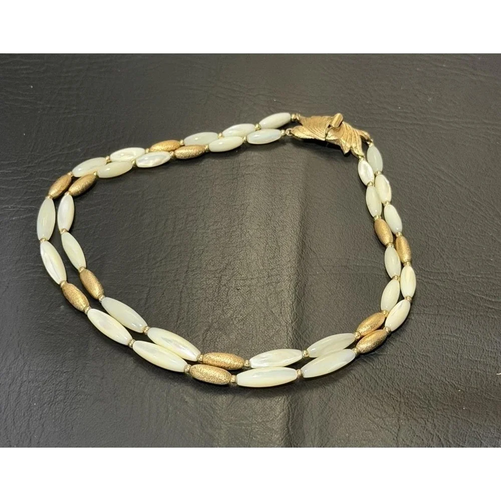 Vintage Napier‎ Double Strand Oblong Mother of Pearl Gold Tone Beded Necklace